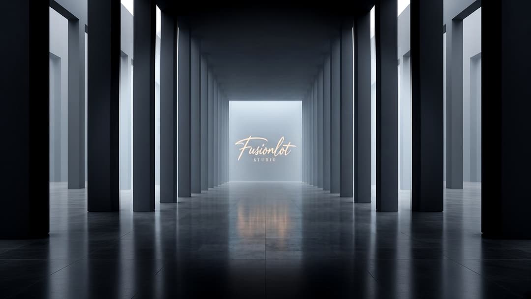 Hodnik FusionLot Studio z znakom na koncu